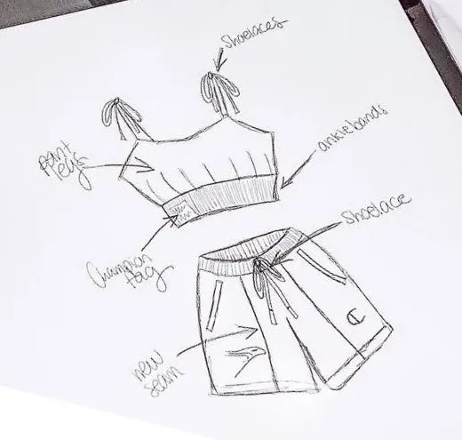 A pencil sketch of the planned crop top and shorts, with notes: shoelaces, ankle bands, pant legs, Champion tag and new seam