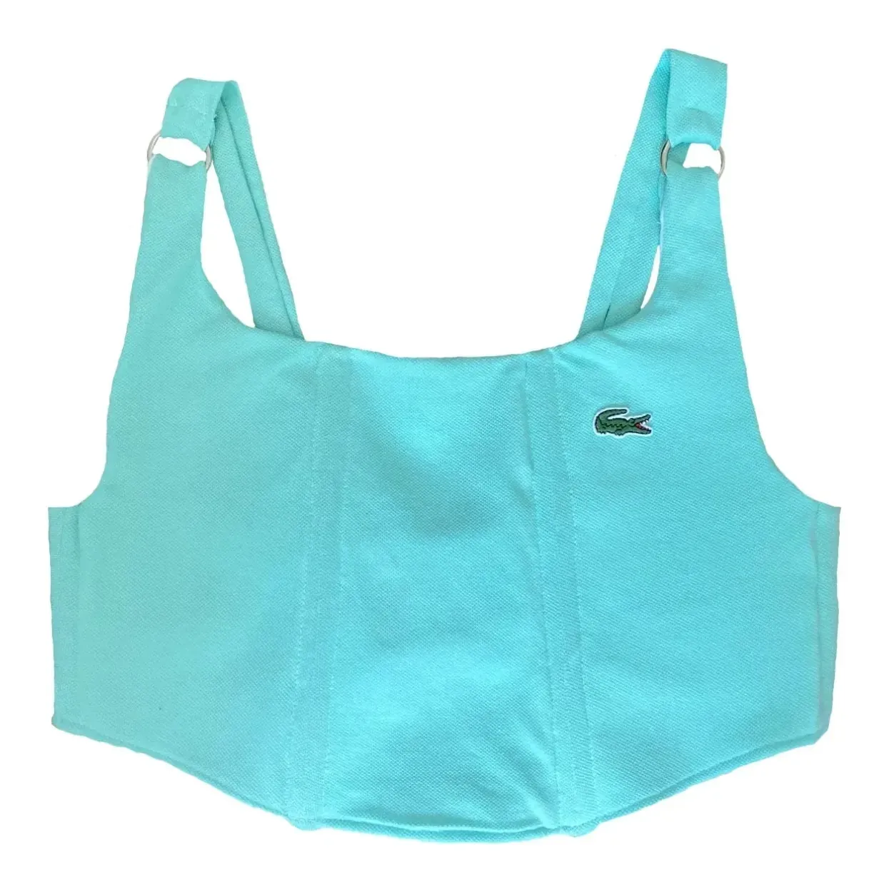 The finished mint corset top, with panelled seams, ring straps and the Lacoste crocodile on the front