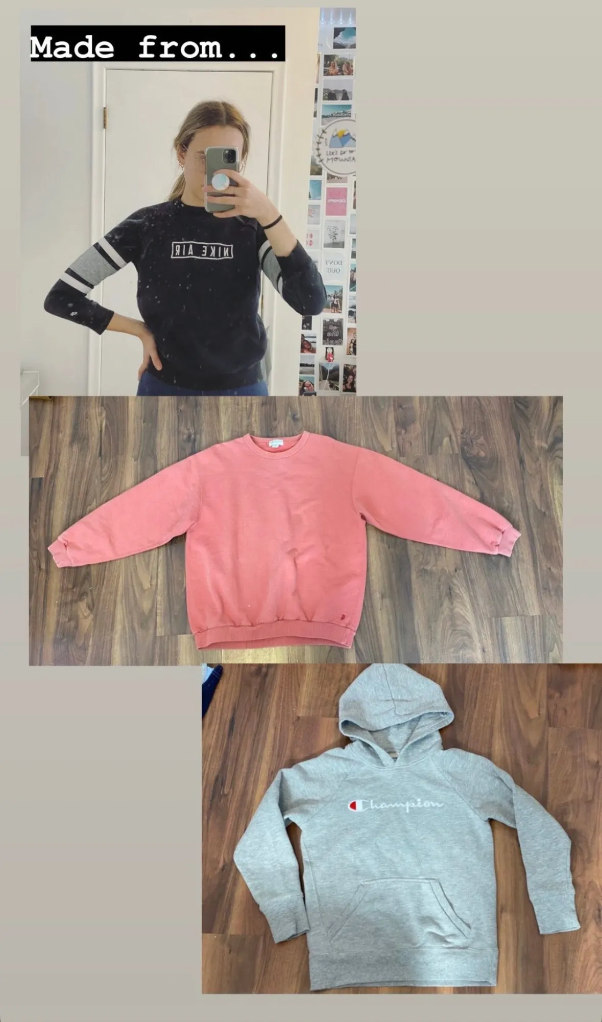 The three sweatshirts the joggers were made from: a navy Nike Air crewneck, a coral crewneck and a grey Champion hoodie