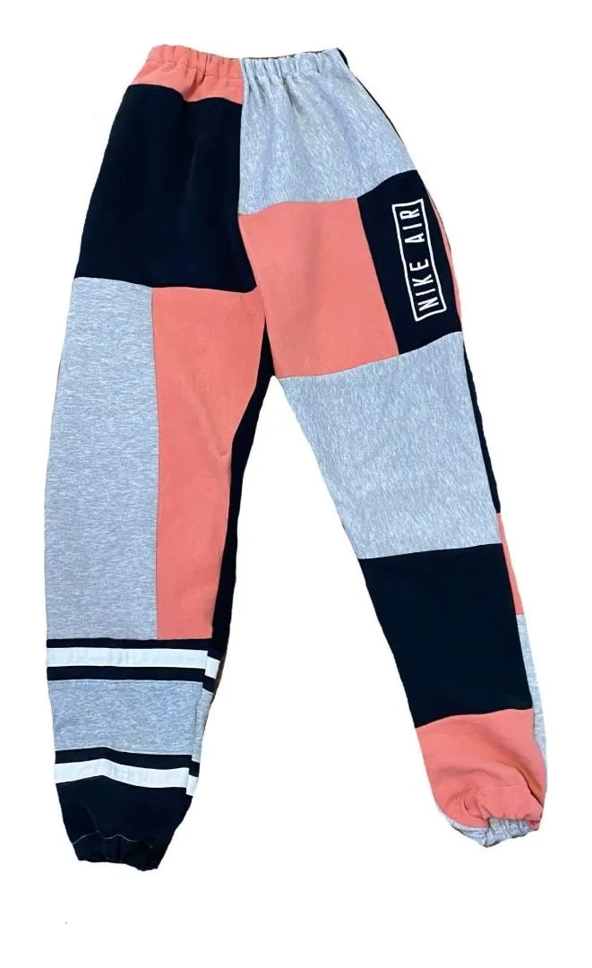 Navy, coral and grey patchwork joggers